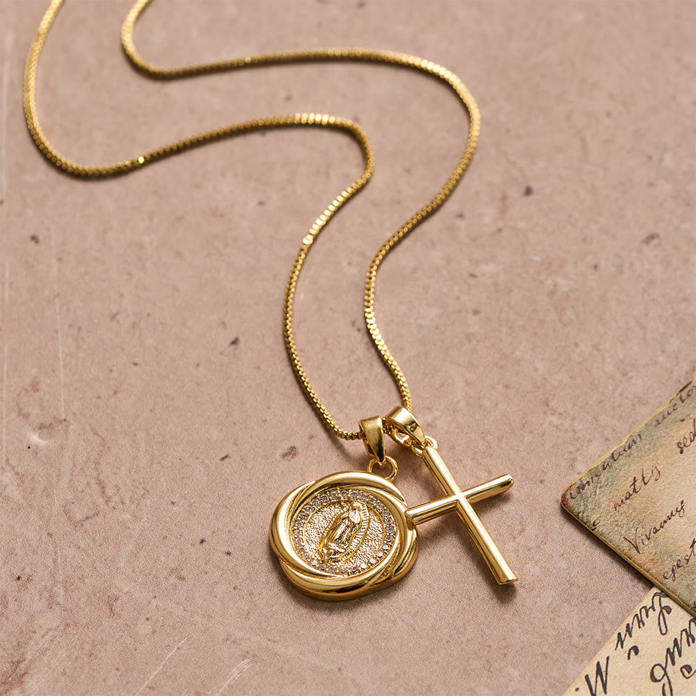 Christianartworkshop Double Pendant Necklace with Zircon-Encircled Our Lady Medallion & Polished Cross Charm - image 4