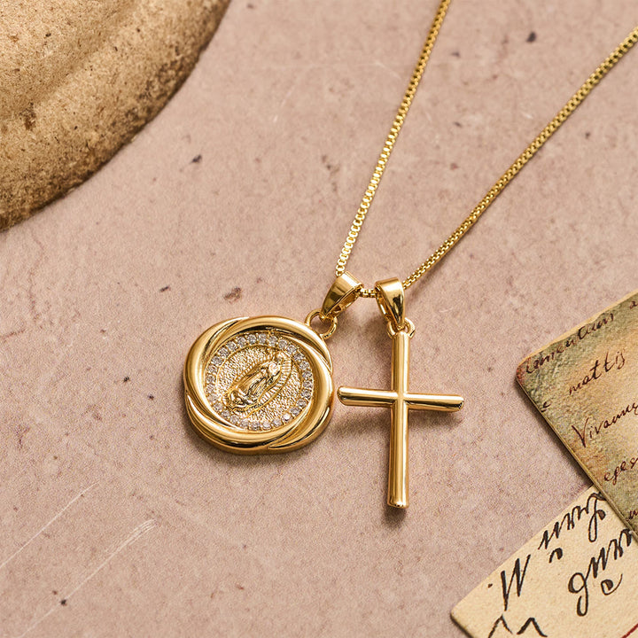 Christianartworkshop Double Pendant Necklace with Zircon-Encircled Our Lady Medallion & Polished Cross Charm - Our Lady & Cross - image 0
