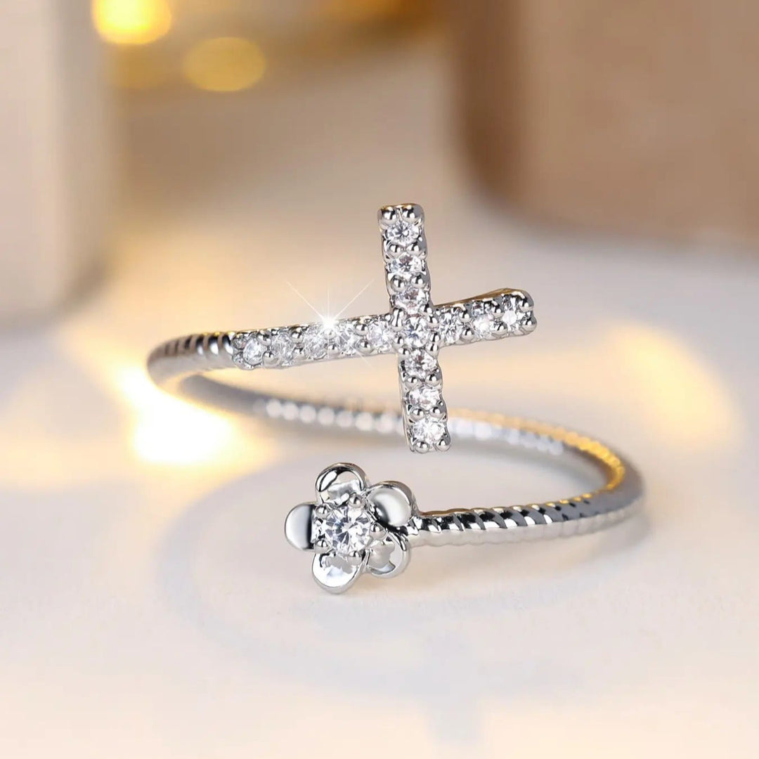 Christianartworkshop Open Cuff Ring with Pave Zircon Cross and Flower Zircon Accent: A Symbol of Tender Grace & Steadfast Sacred Faith - image 8