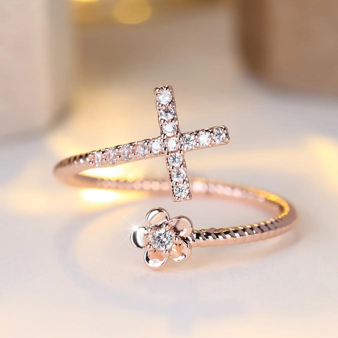 Christianartworkshop Open Cuff Ring with Pave Zircon Cross and Flower Zircon Accent: A Symbol of Tender Grace & Steadfast Sacred Faith - image 1
