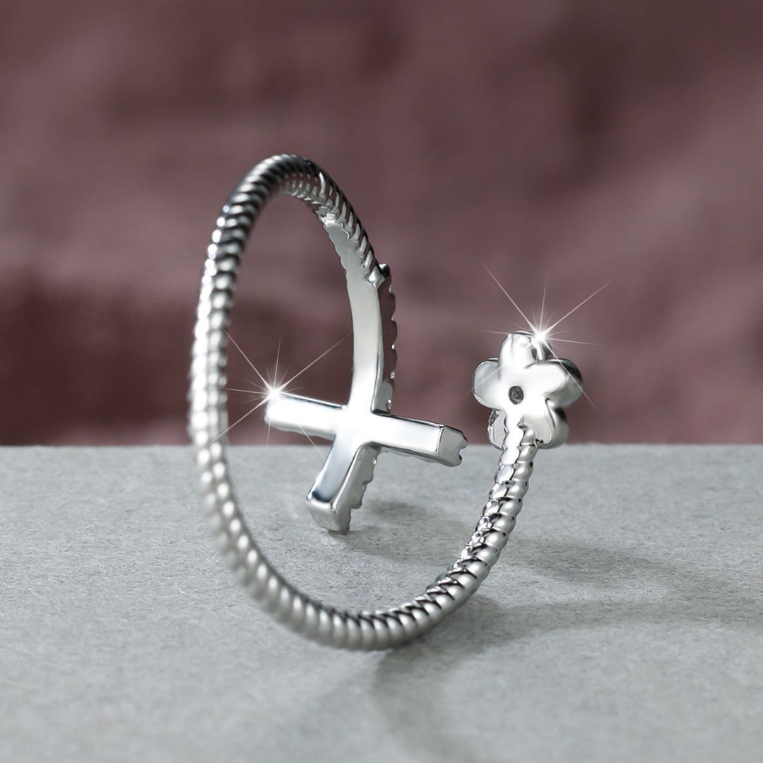 Christianartworkshop Open Cuff Ring with Pave Zircon Cross and Flower Zircon Accent: A Symbol of Tender Grace & Steadfast Sacred Faith - image 5