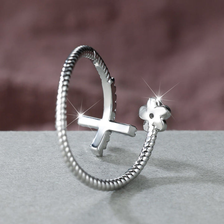 Christianartworkshop Open Cuff Ring with Pave Zircon Cross and Flower Zircon Accent: A Symbol of Tender Grace & Steadfast Sacred Faith - image 5