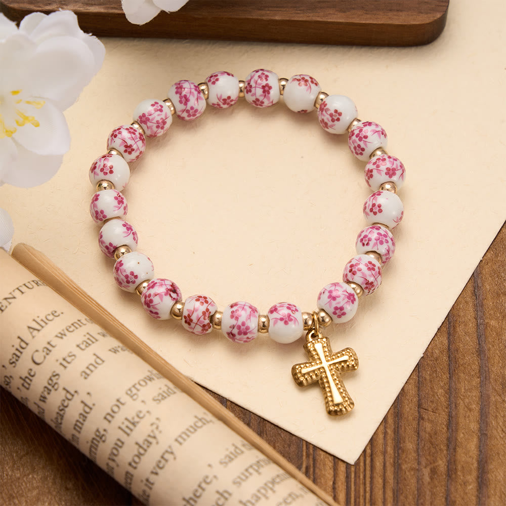 Christianartworkshop 4-Style Floral Ceramic Bead Stretch Bracelet with Gold-Tone Cross Charm: A Symbol of Gentle Heavenly Grace - Pink - image 3