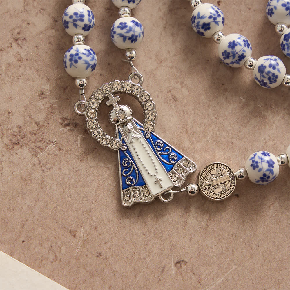 Christianartworkshop Blue & White Floral Ceramic Rosary with St. Benedict Medals & Our Lady - image 6