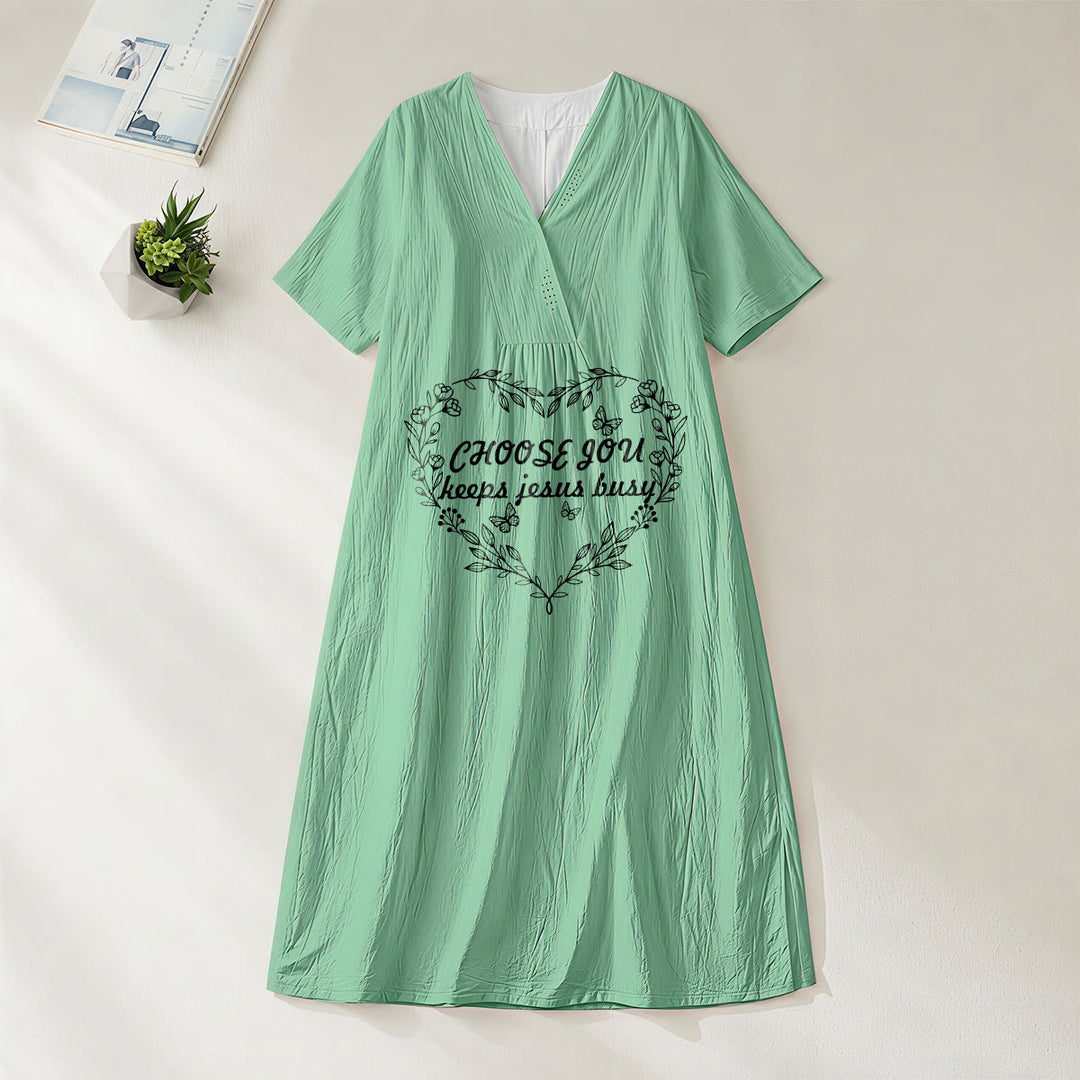 Christianartworkshop Plain Tone Love Scripture Rainbow Heart Slogan V-Neck Short Sleeve Midi Dress - Green - 4XL - image 8