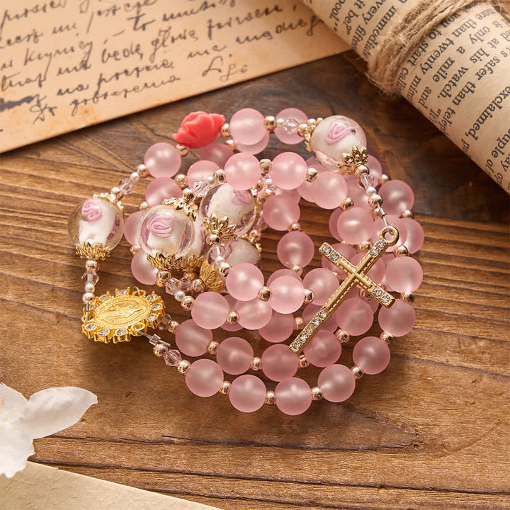 Christianartworkshop Soft Matte Pink Rosary with Delicate Rose Glass & St. Benedict Devotion - image 4