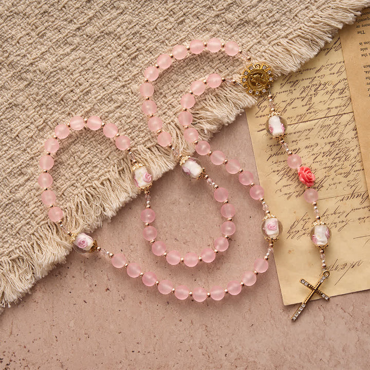 Christianartworkshop Soft Matte Pink Rosary with Delicate Rose Glass & St. Benedict Devotion - image 3