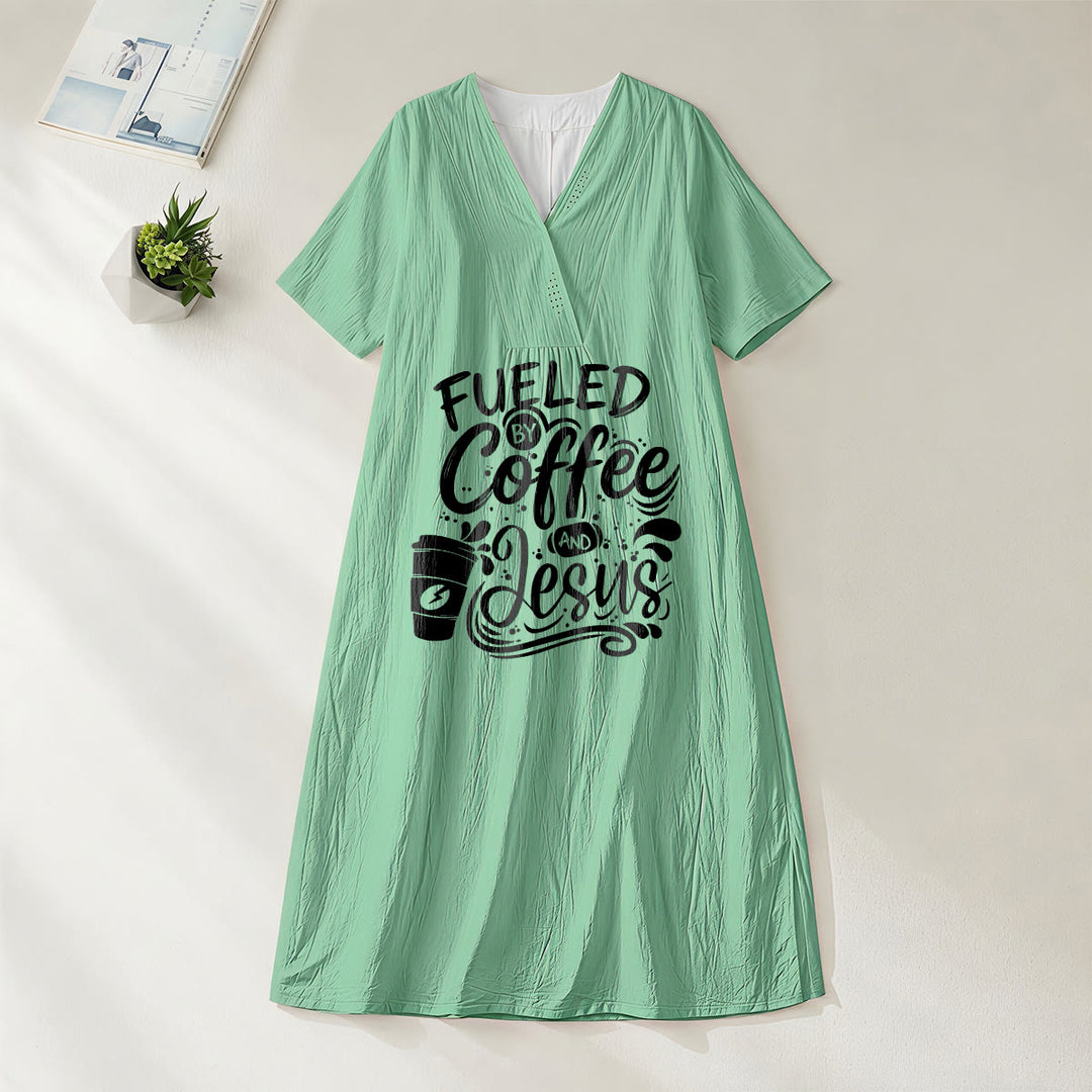 Christianartworkshop "Fueled by Coffee and Jesus" Calligraphy & Coffee Cup Print V-Neck Short Sleeve Midi Dress - Green - 4XL - image 4