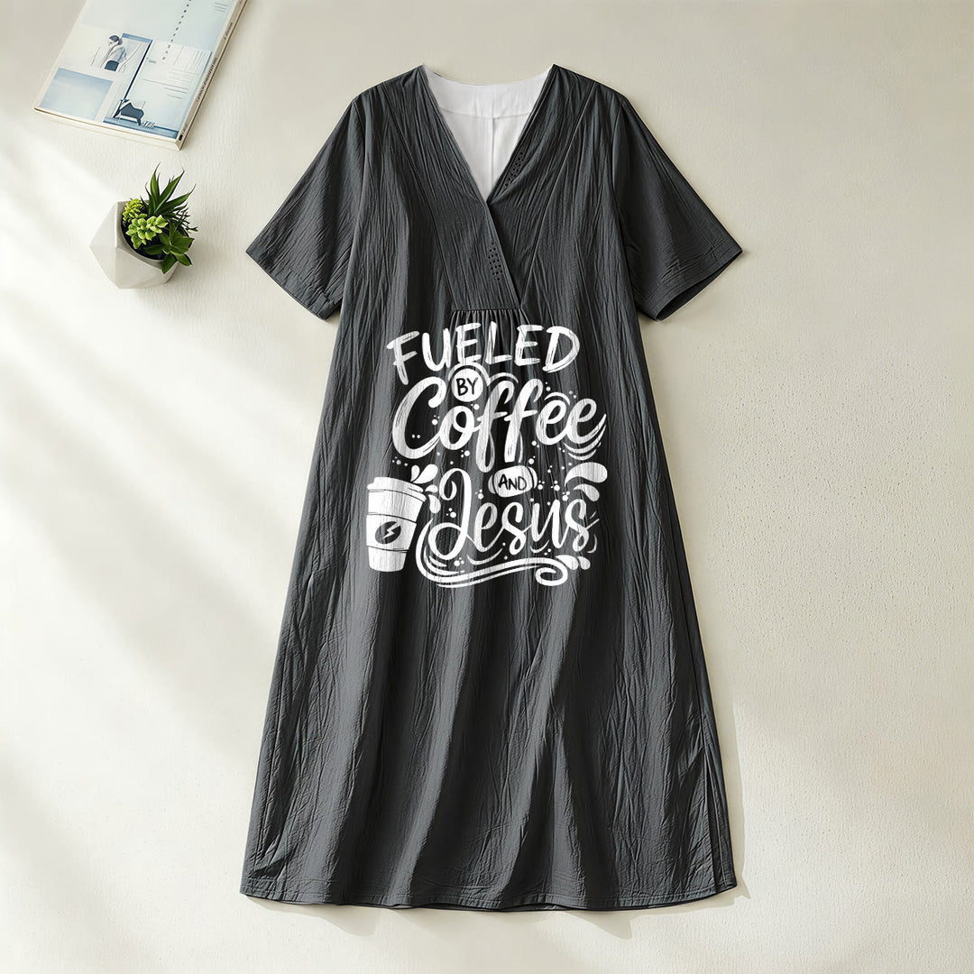 Christianartworkshop "Fueled by Coffee and Jesus" Calligraphy & Coffee Cup Print V-Neck Short Sleeve Midi Dress - Black - 4XL - image 20