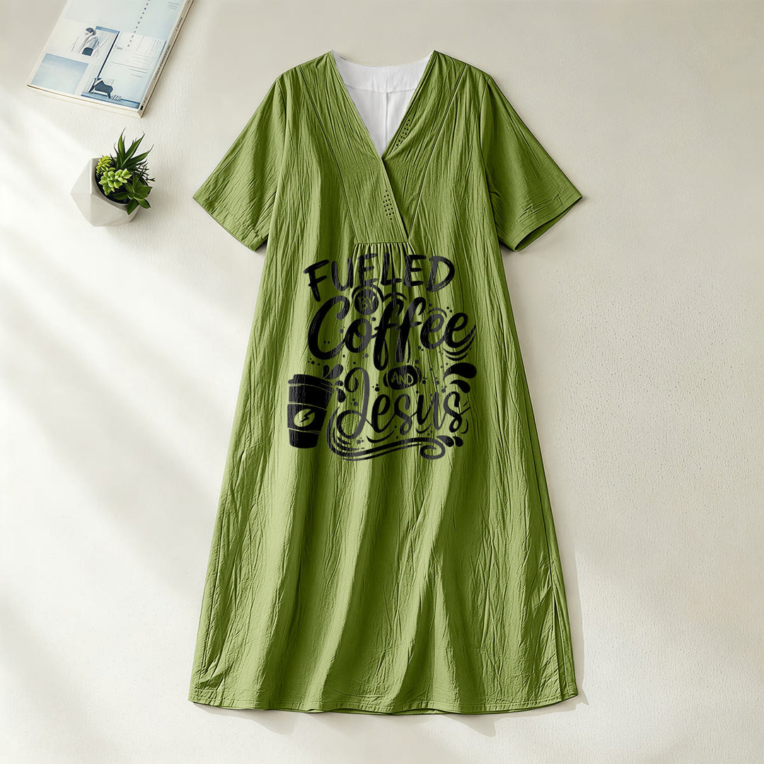 Christianartworkshop "Fueled by Coffee and Jesus" Calligraphy & Coffee Cup Print V-Neck Short Sleeve Midi Dress - Olive Green - 4XL - image 12