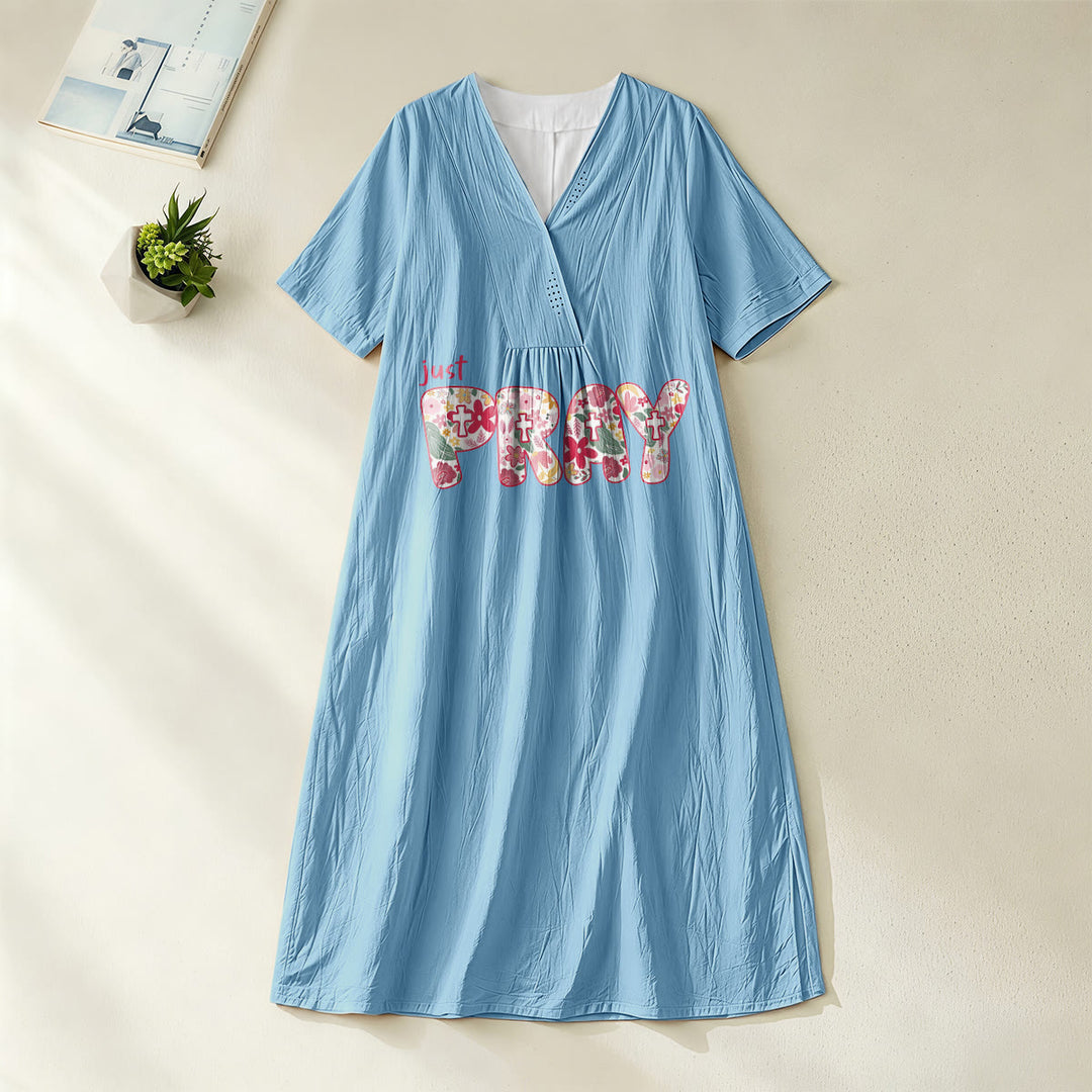 Christianartworkshop Floral & Cross Pattern "Just Pray" Statement V-Neck Short Sleeve Midi Dress - Blue - 4XL - image 4