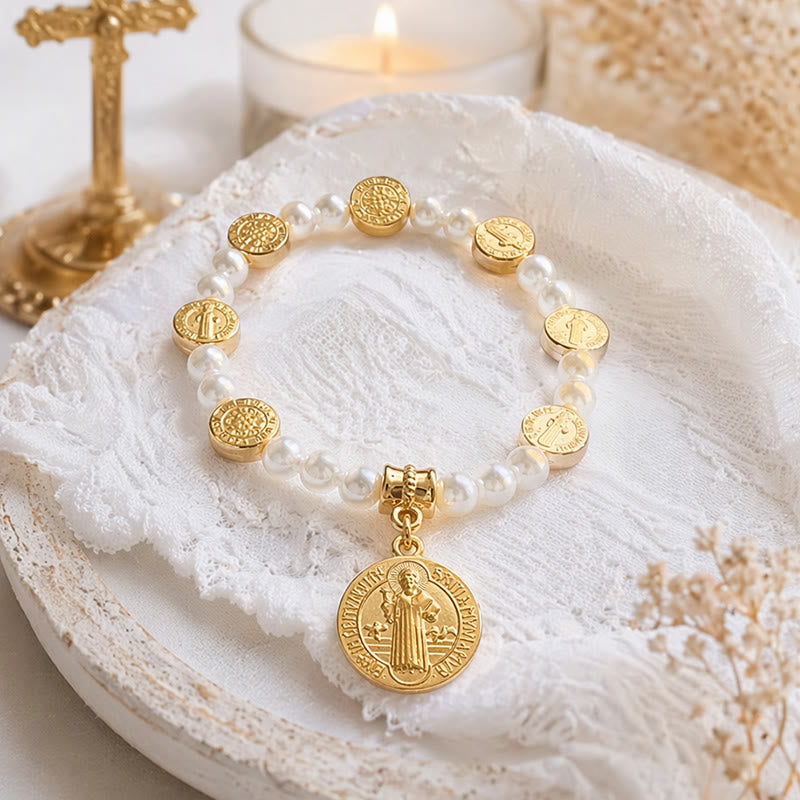 Christianartworkshop 2-Colored Engraved Saint Benedict Medal Stretch Beaded Bracelet: A Symbol of Sacred Protection - Golden - image 0