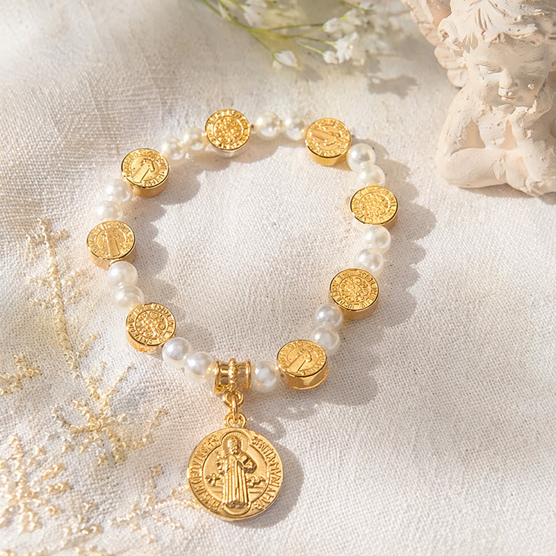 Christianartworkshop 2-Colored Engraved Saint Benedict Medal Stretch Beaded Bracelet: A Symbol of Sacred Protection - image 1