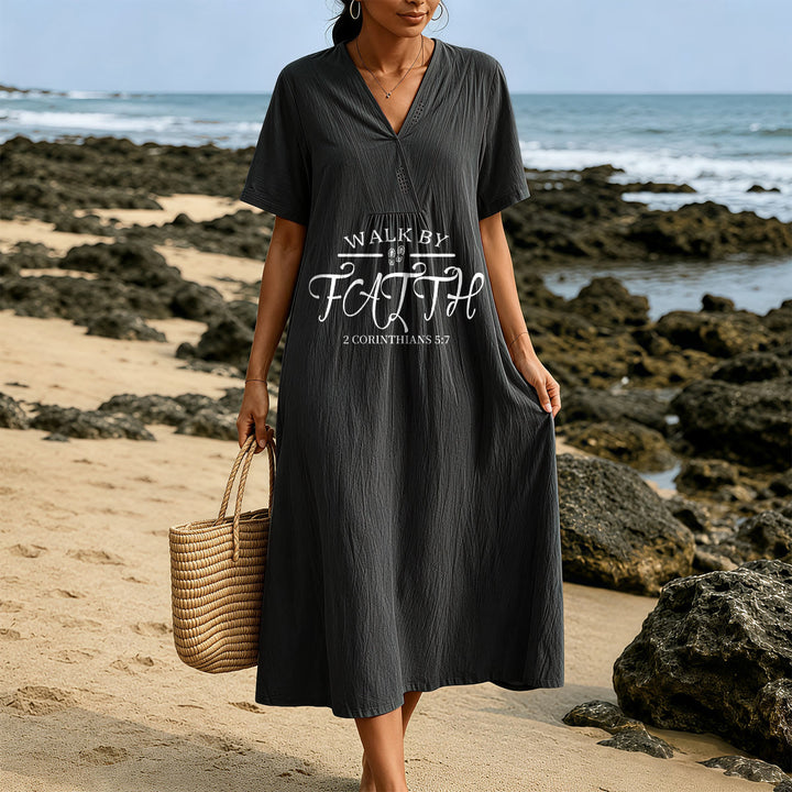 Christianartworkshop "Walk by Faith" 2 Corinthians 5:7 Scripture Print V-Neck Short Sleeve Midi Dress - image 21