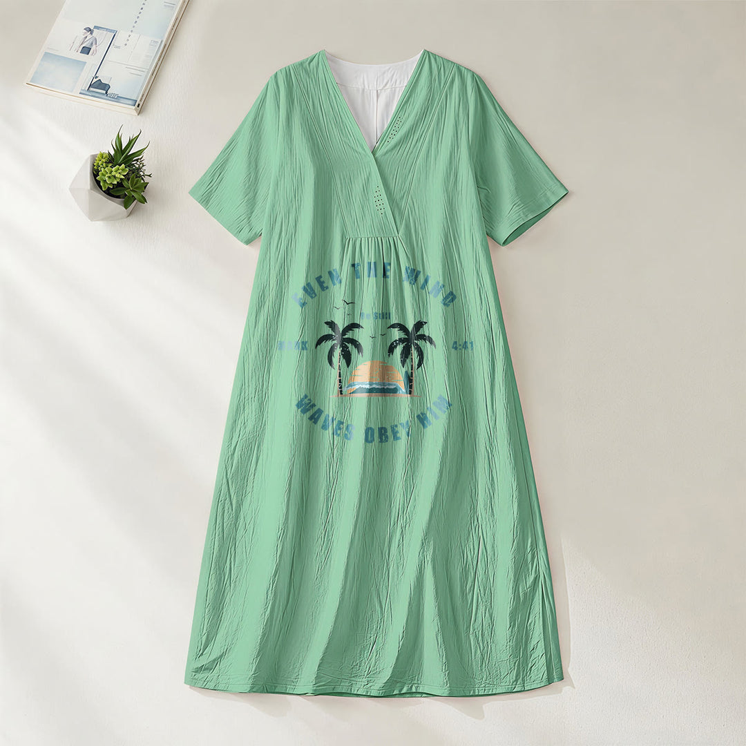 Christianartworkshop Coastal Faith Verse Palm Tree & Sunset Graphic V-Neck Short Sleeve Midi Dress - Green - 4XL - image 4