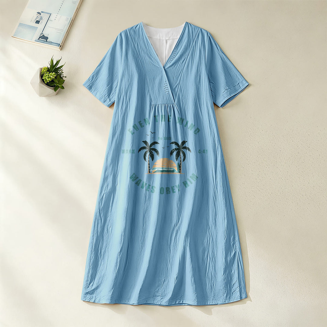 Christianartworkshop Coastal Faith Verse Palm Tree & Sunset Graphic V-Neck Short Sleeve Midi Dress - Blue - 4XL - image 0