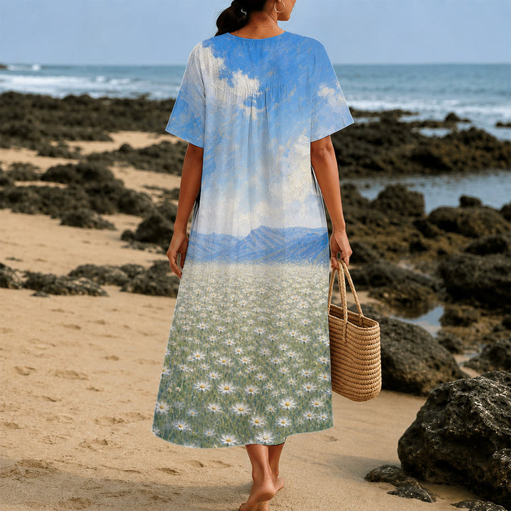 Christianartworkshop Jesus Hugging Child In Daisy Field Art Print V-Neck Short Sleeve Midi Dress - image 3
