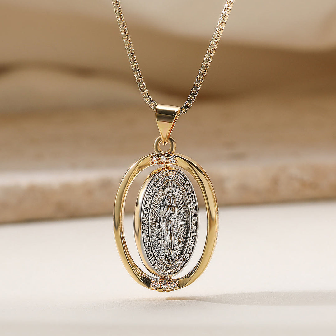 Christianartworkshop Reversible Spinning Oval Pendant Necklace with Our Lady of Guadalupe & Sacred Heart Designs - Silver - image 3