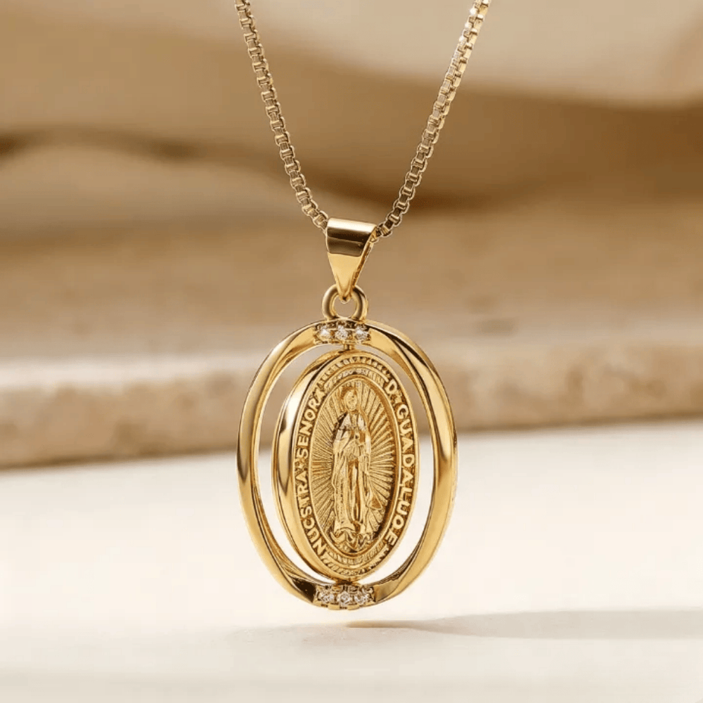 Christianartworkshop Reversible Spinning Oval Pendant Necklace with Our Lady of Guadalupe & Sacred Heart Designs - Golden - image 1