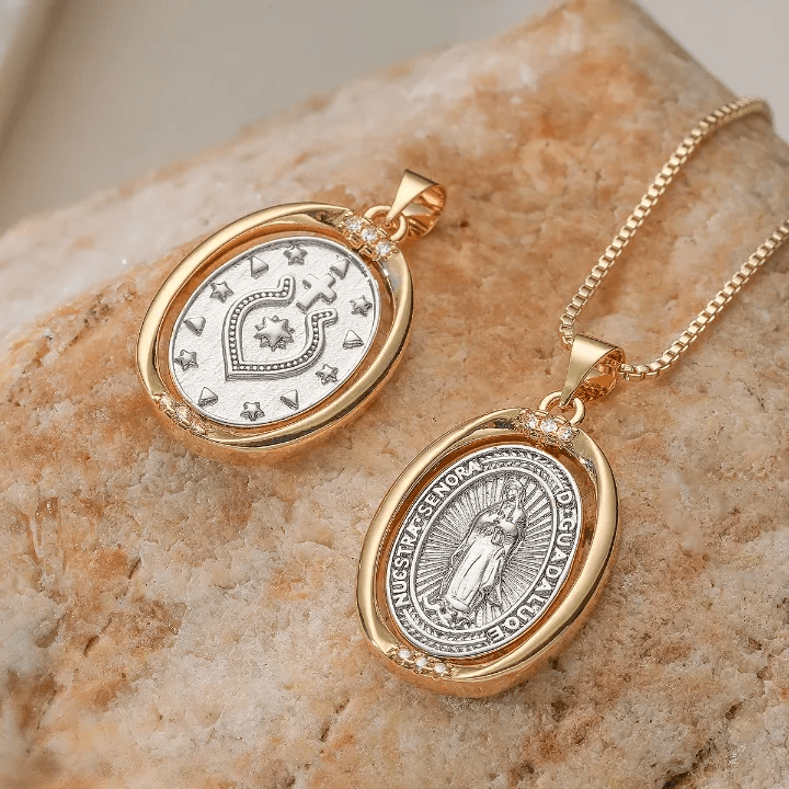 Christianartworkshop Reversible Spinning Oval Pendant Necklace with Our Lady of Guadalupe & Sacred Heart Designs - image 4