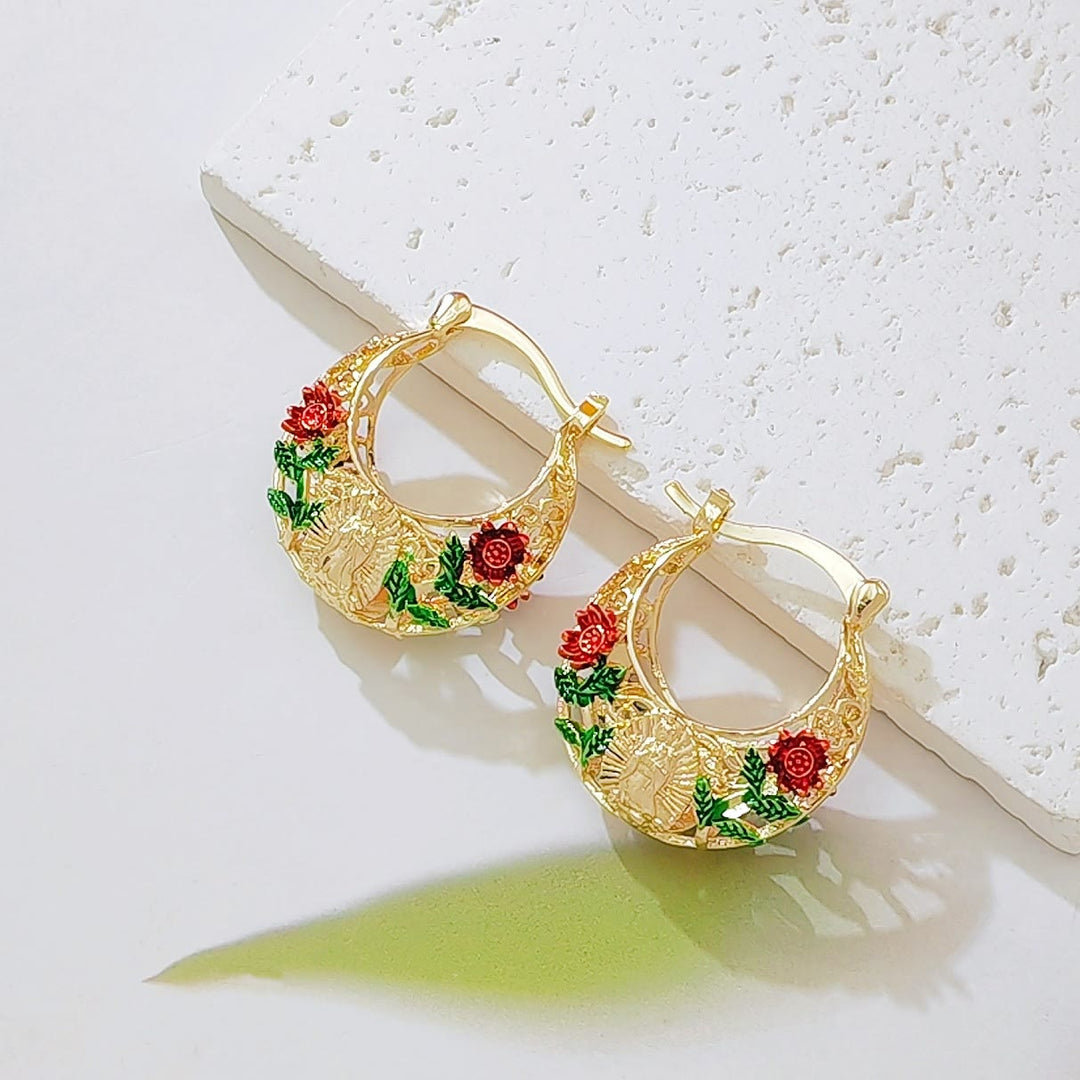 Christianartworkshop Delicate Filigree Hoop Earrings with Our Lady of Guadalupe & Enameled Rose Motifs: A Reminder of Divine Mercy  - Red & Green - image 0