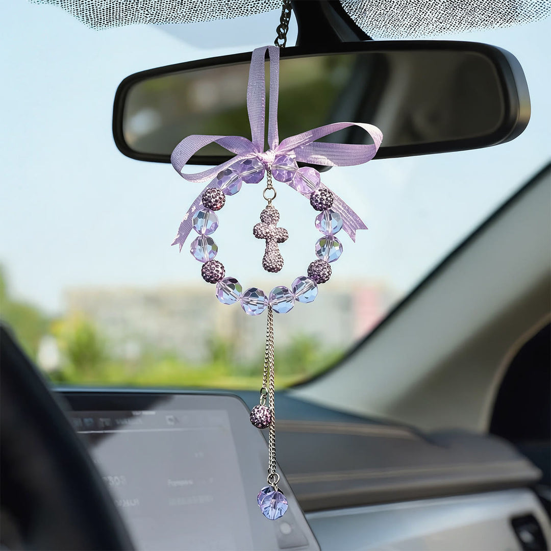 Christianartworkshop Bow-Adorned Crystal Wreath Cross Car Pendant: A Symbol of Sheltering Grace & Safe Journey Faith - image 2