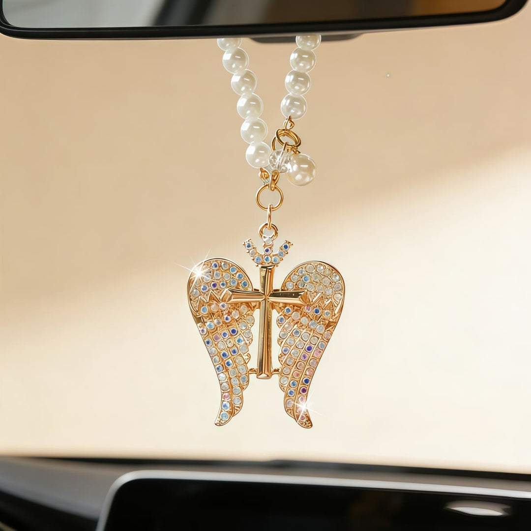 Christianartworkshop Angel Wing Cross Car Pendant with Pearl Chain & Crystal Accents: A Symbol of Divine Protection & Faithful Guidance - image 1