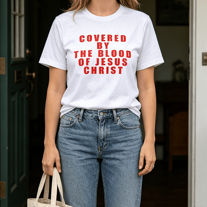 Christianartworkshop "Covered By The Blood Of Jesus Christ" Statement Premium Short Sleeve T-Shirt - image 0