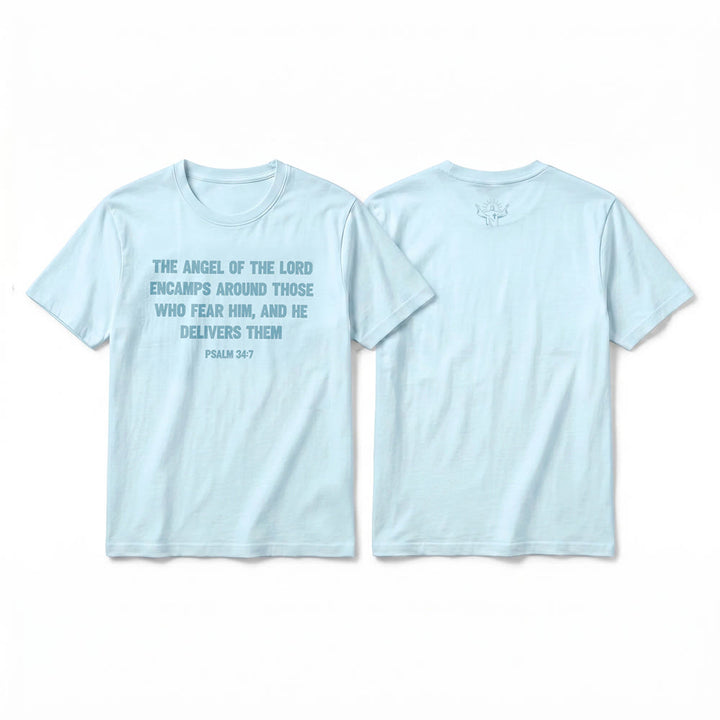Christianartworkshop Psalm 34:7 "The Angel of the Lord" Front & Back Print Premium Short Sleeve T-Shirt - Blue - 2XL - image 10