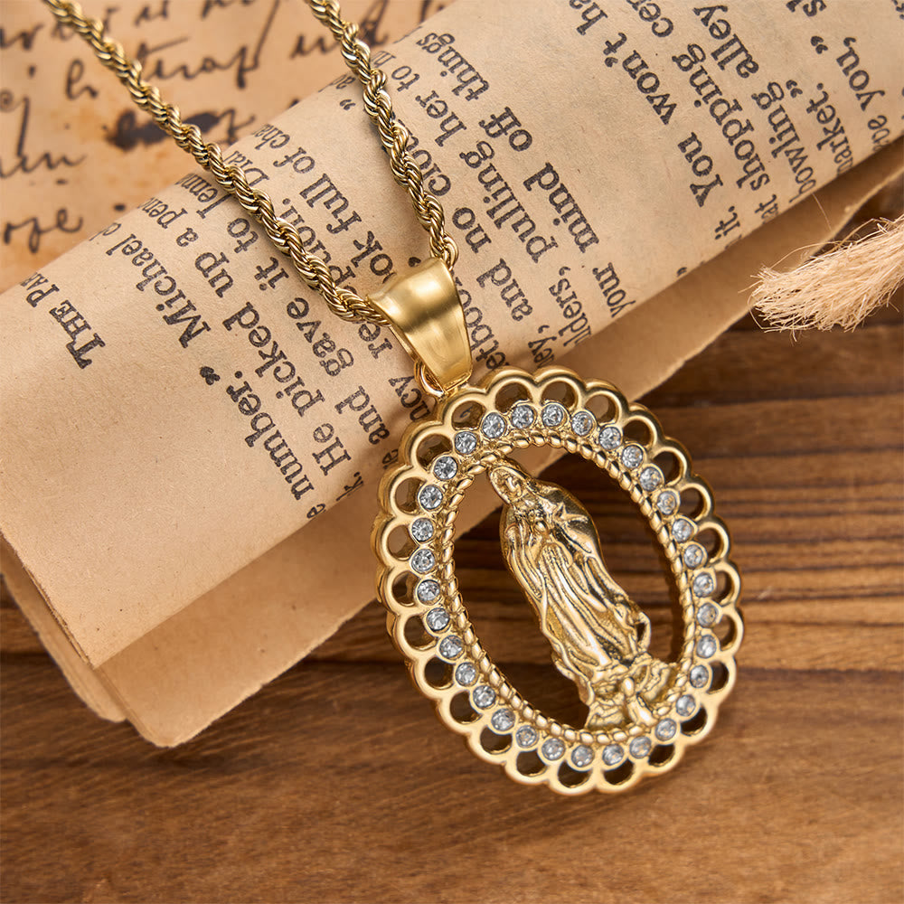 Christianartworkshop Openwork Oval Our Lady Necklace with Zircon Halo & Braided Chain: A Reminder of Divine Mercy and Heavenly Protection - Golden - image 0