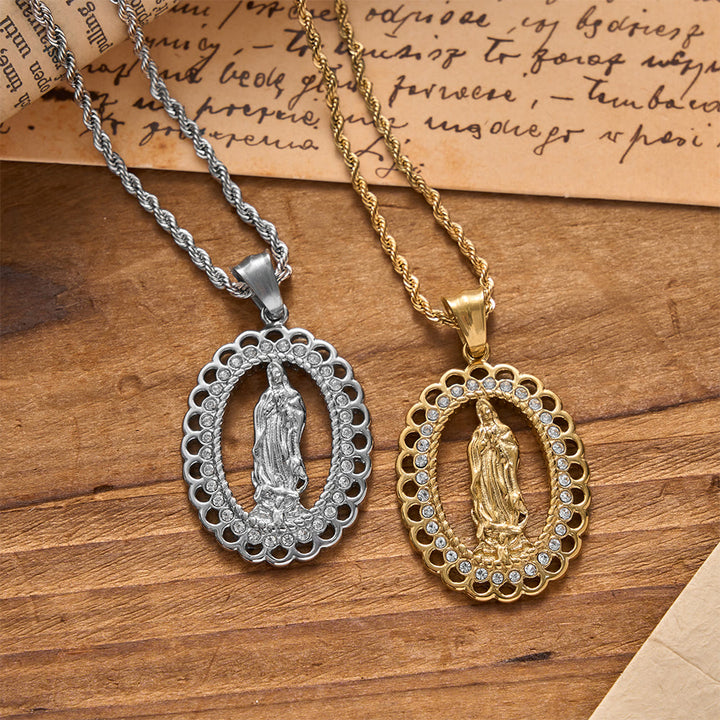 Christianartworkshop Openwork Oval Our Lady Necklace with Zircon Halo & Braided Chain: A Reminder of Divine Mercy and Heavenly Protection - image 2