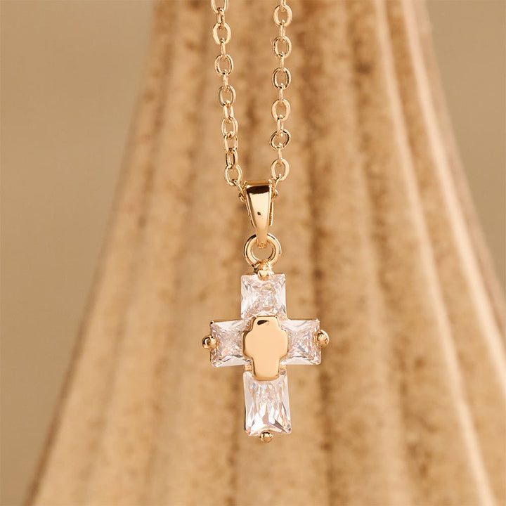Christianartworkshop Zircon-Encrusted Cross Pendant Necklace with Polished Center Inlay: A Symbol of Radiant Sacred Grace & Steadfast Faith - Golden - image 0