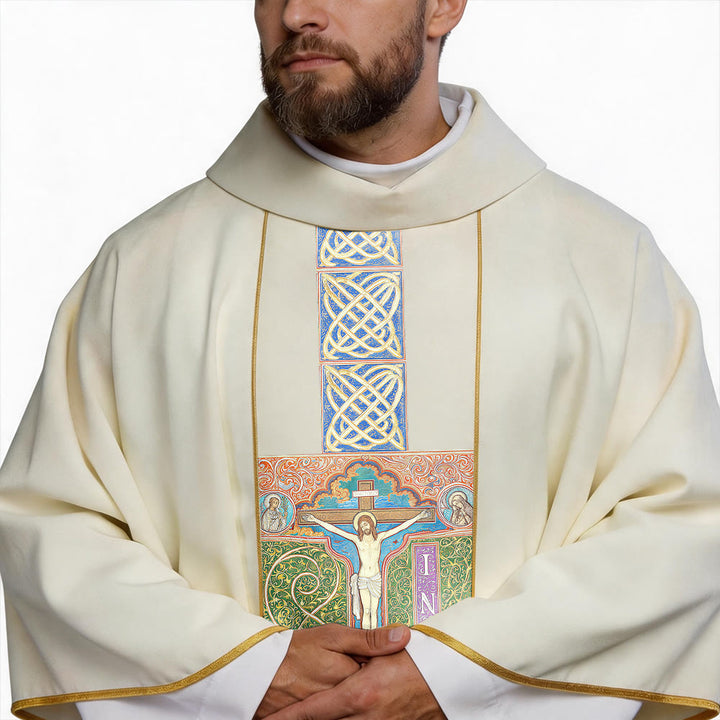 Christianartworkshop Elegant Printed Chasuble With Central Crucifix, INRI Inscription And Ornate Celtic Knot Print Chasuble - image 4
