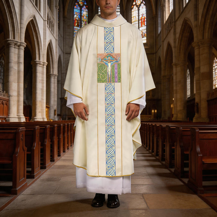 Christianartworkshop Elegant Printed Chasuble With Central Crucifix, INRI Inscription And Ornate Celtic Knot Print Chasuble - One Size FIts Most - image 0