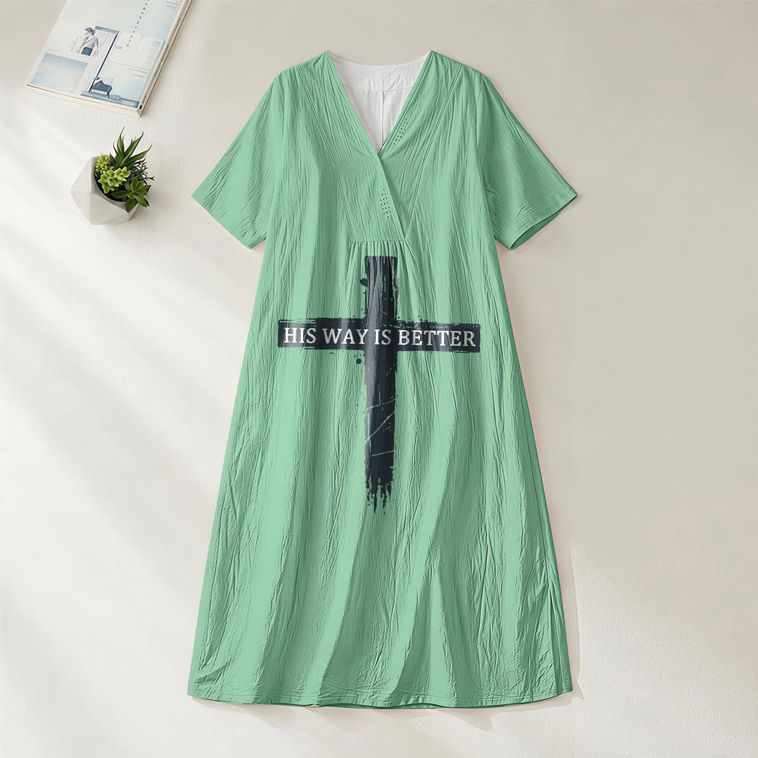 Christianartworkshop "His Way Is Better" Vintage Cross Print V-Neck Short Sleeve Midi Dress - Green - 4XL - image 0
