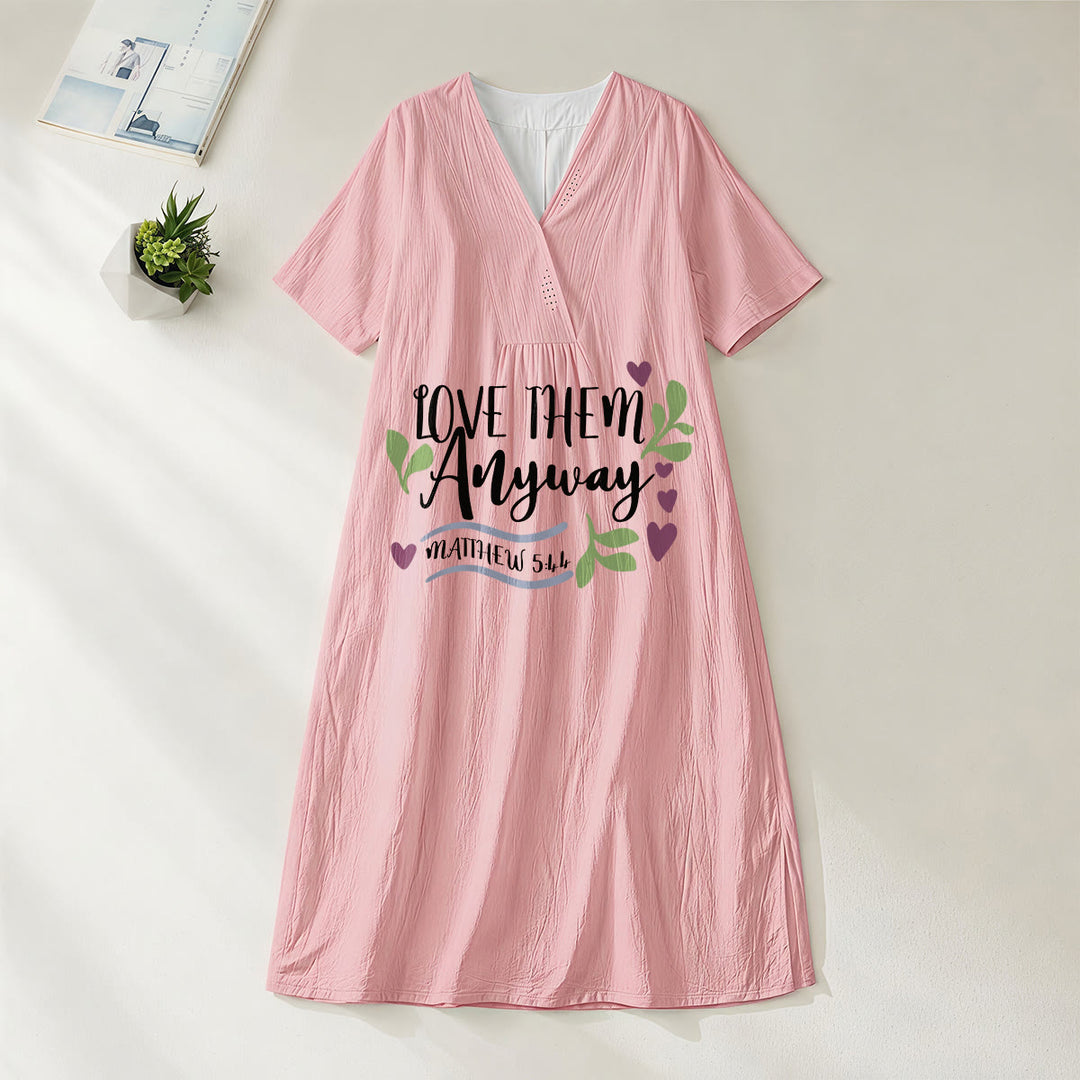 Christianartworkshop "Love Them Anyway" Matthew 5:44 Heart Leaf Print V-Neck Short Sleeve Midi Dress - Pink - 4XL - image 8
