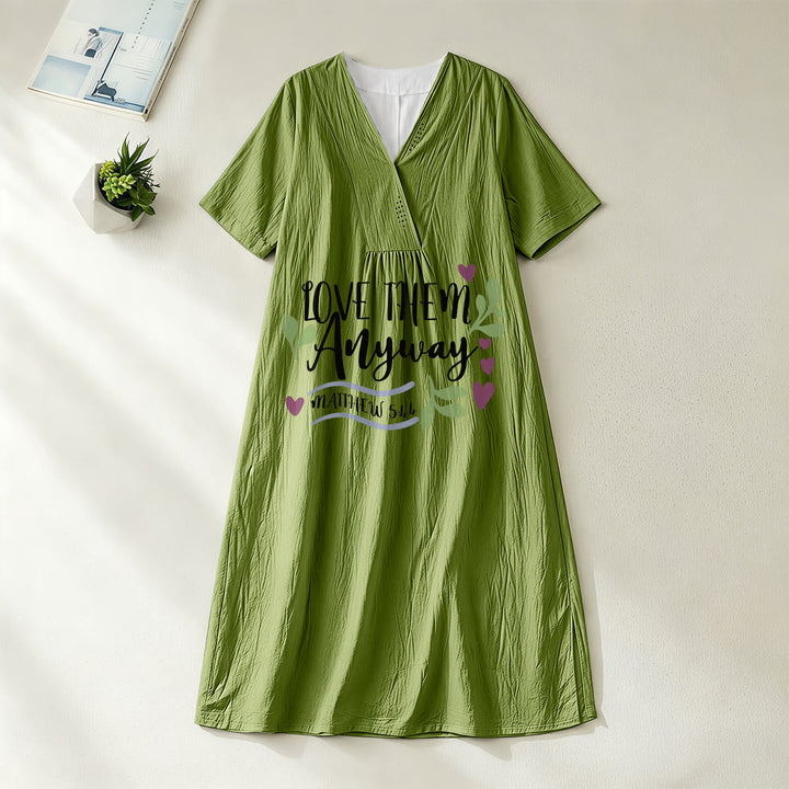 Christianartworkshop "Love Them Anyway" Matthew 5:44 Heart Leaf Print V-Neck Short Sleeve Midi Dress - Olive Green - 4XL - image 4