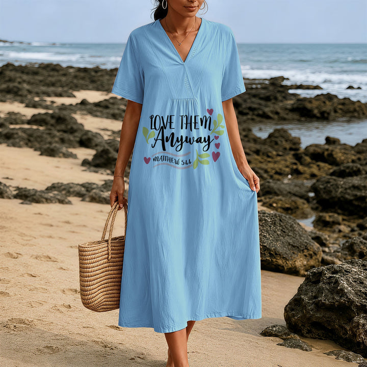 Christianartworkshop "Love Them Anyway" Matthew 5:44 Heart Leaf Print V-Neck Short Sleeve Midi Dress - image 17
