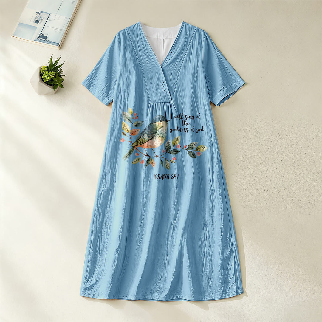 Christianartworkshop "I Will Sing Of The Goodness Of God" Psalm 89:1 Bird Branch Print V-Neck Short Sleeve Midi Dress - Blue - 4XL - image 0