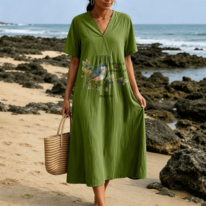 Christianartworkshop "I Will Sing Of The Goodness Of God" Psalm 89:1 Bird Branch Print V-Neck Short Sleeve Midi Dress - image 9