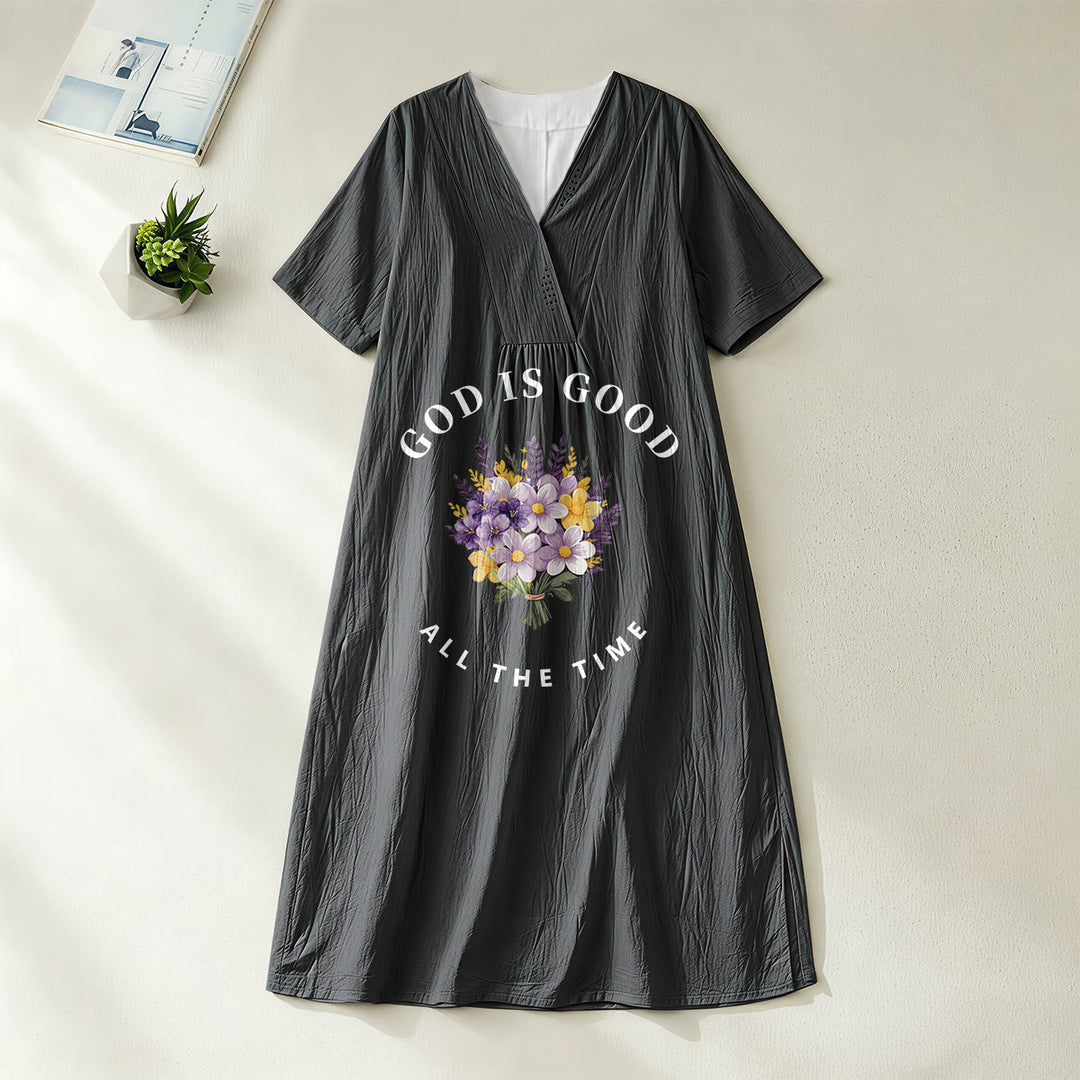 Christianartworkshop "God Is Good All The Time" Floral Bouquet Print V-Neck Short Sleeve Midi Dress - Black - 4XL - image 8