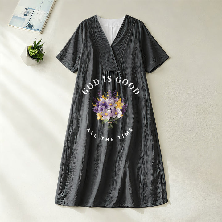 Christianartworkshop "God Is Good All The Time" Floral Bouquet Print V-Neck Short Sleeve Midi Dress - Black - 4XL - image 8