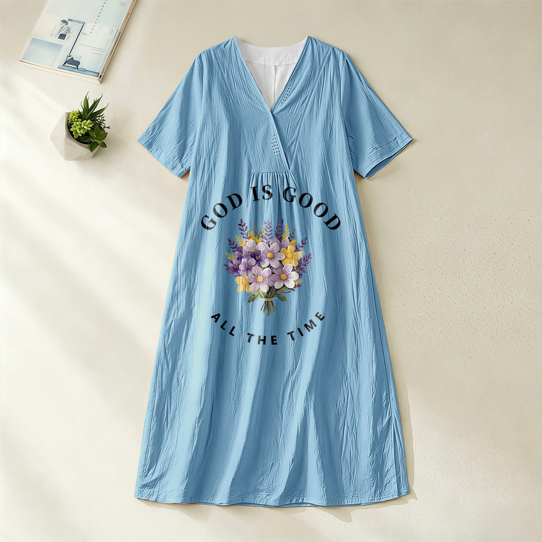Christianartworkshop "God Is Good All The Time" Floral Bouquet Print V-Neck Short Sleeve Midi Dress - Blue - 4XL - image 4