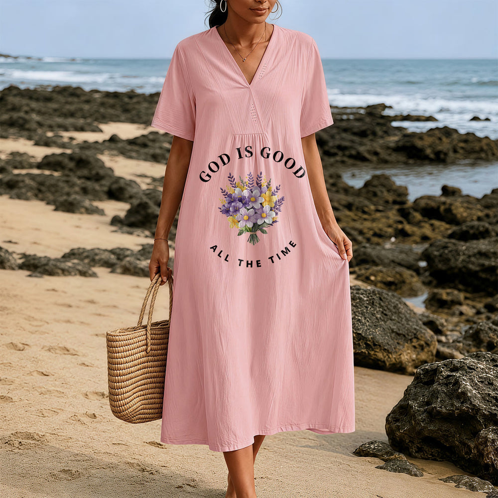 Christianartworkshop "God Is Good All The Time" Floral Bouquet Print V-Neck Short Sleeve Midi Dress - image 1