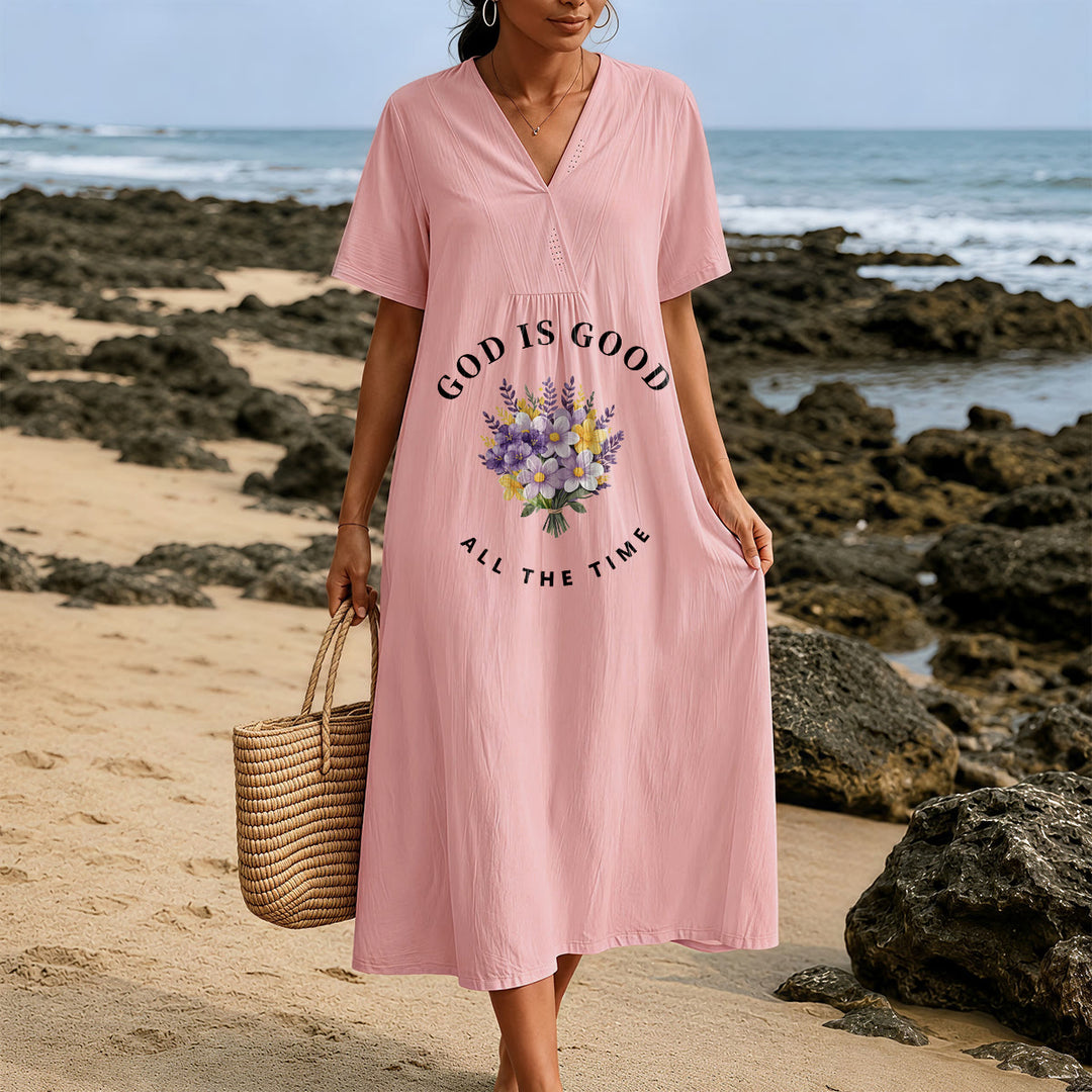 Christianartworkshop "God Is Good All The Time" Floral Bouquet Print V-Neck Short Sleeve Midi Dress - image 1