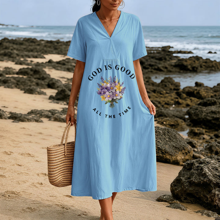 Christianartworkshop "God Is Good All The Time" Floral Bouquet Print V-Neck Short Sleeve Midi Dress - image 5