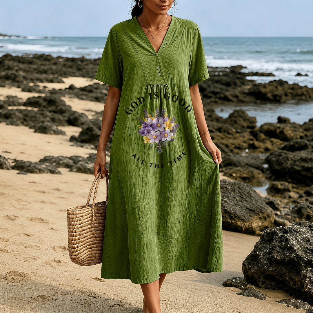 Christianartworkshop "God Is Good All The Time" Floral Bouquet Print V-Neck Short Sleeve Midi Dress - image 13