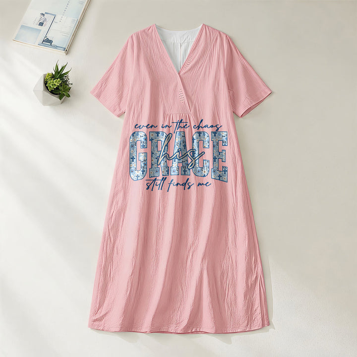 Christianartworkshop Classic "His Grace Still Finds Me" Plaid Print V-Neck Loose Midi Dress - Pink - 4XL - image 4
