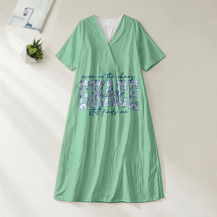 Christianartworkshop Classic "His Grace Still Finds Me" Plaid Print V-Neck Loose Midi Dress - Green - 4XL - image 16