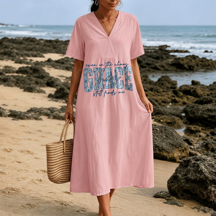 Christianartworkshop Classic "His Grace Still Finds Me" Plaid Print V-Neck Loose Midi Dress - image 5
